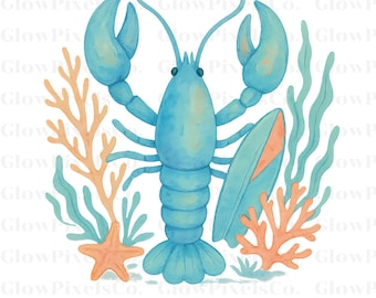 Aquarell Hummer Clipart: Küsten Ozean Tier PNG SVG (Digital Download