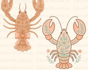 Boho Hummer Clipart Set: Blumen Küstentier PNG, SVG (Digital Download