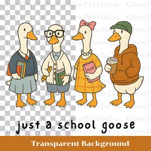 K&ouml;nnte beinhalten: Illustration von vier G&auml;nsen in Schulkleidung. Eine Gans tr&auml;gt einen Pullover und einen Rock, eine andere Brille und eine Strickjacke, eine dritte ein Kleid und eine Schleife, und die letzte einen Kapuzenpullover und eine M&uuml;tze. Der Text "just a school goose" steht darunter.