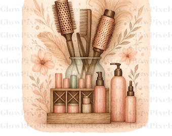Aquarell Hair Stylist Clipart: Vintage Salon-Werkzeuge, Blumenmuster (PNG, SVG Digitale Dateien