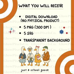 K&ouml;nnte beinhalten: Digitaler Download mit vier Cartoon-G&auml;nsen in Schuluniformen. Der Text enth&auml;lt "WHAT YOU WILL RECEIVE" und "just a school goose". Der Download beinhaltet PNG- und SVG-Dateien mit transparentem Hintergrund.