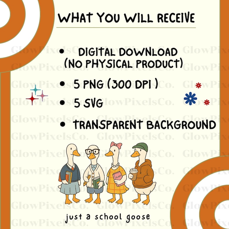 K&ouml;nnte beinhalten: Digitaler Download mit vier Cartoon-G&auml;nsen in Schuluniformen. Der Text enth&auml;lt "WHAT YOU WILL RECEIVE" und "just a school goose". Der Download beinhaltet PNG- und SVG-Dateien mit transparentem Hintergrund.