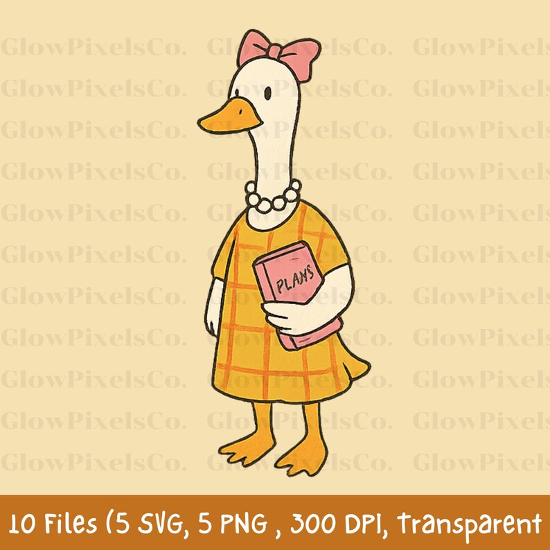 K&ouml;nnte beinhalten: Cartoon-Illustration einer Gans mit rosa Schleife, Perlenkette und gelbem Karokleid. Die Gans h&auml;lt ein rosa Buch mit der Aufschrift "PLANS". Der Hintergrund ist hellgelb.