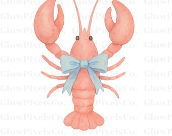 Aquarell Hummer mit blauer Schleife, Meerestier Clipart (PNG, SVG)