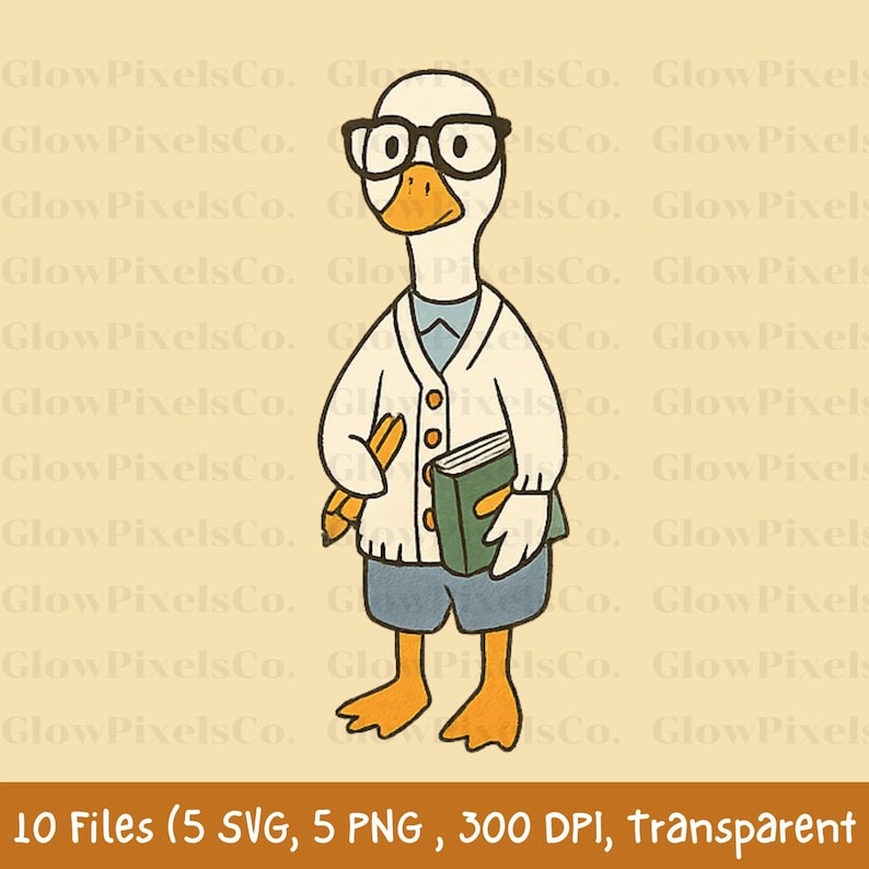 K&ouml;nnte beinhalten: Cartoon-Illustration einer Gans mit Brille, wei&szlig;er Strickjacke und blauen Shorts, die einen Bleistift und ein Buch h&auml;lt. Der Text "10 Files (5 SVG, 5 PNG, 300 DPI, transparent)" befindet sich unten.
