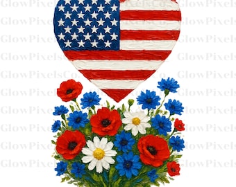 Blumen-Herz der amerikanischen Flagge PNG: Patriotisches Wildblumen-Sublimationsdesign (SVG verfügbar)