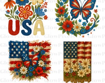 Floral American Flagge PNG Bundle: Vaterländische Wildblumen Sublimationsdesign (Digitaler Download, SVG- und PNG-Dateien