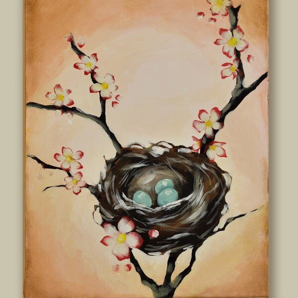 Cherry Blossom Tree - 12 x 24 Inch Nest Painting - Asian Inspired Love