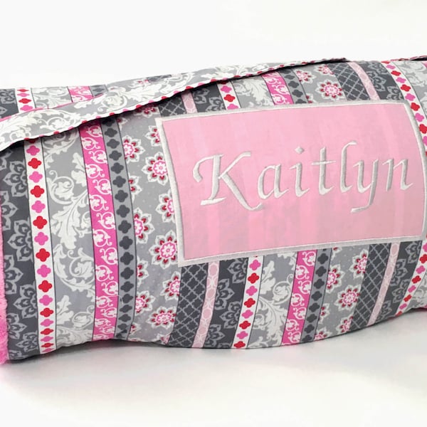 Napmat or kindermat cover with Attached Pillowcase and Minky Blanket; Pink and Grey Stripe Fabric