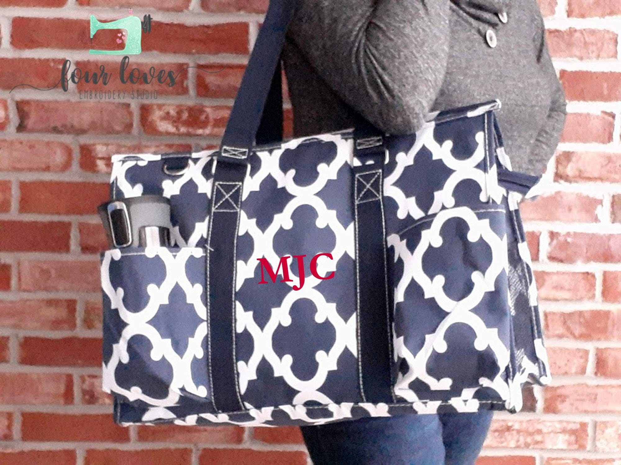Large Utility Tote Bag, Geometric print,  Canvas Tote Bag, Embroidere…