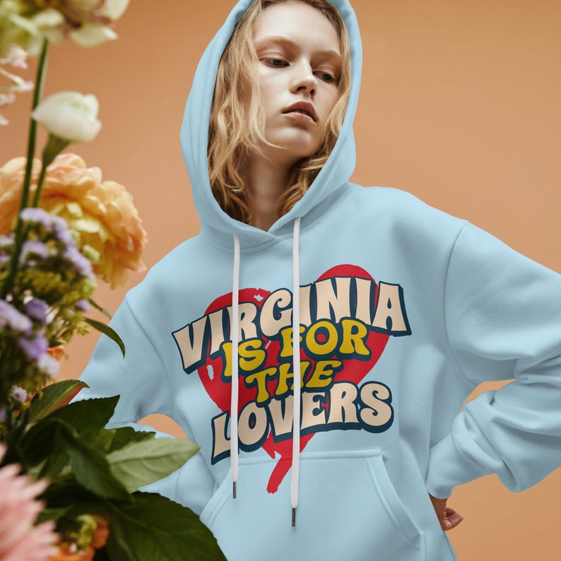 May include: Light blue hoodie with a front pocket and a drawstring hood. The hoodie features a red heart graphic with the text "Virginia is for Lovers" in a retro font. The background is a warm peach color.