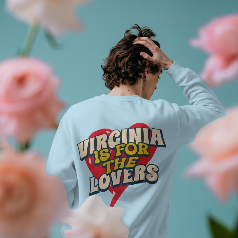 May include: A light blue sweatshirt with the text "VIRGINIA IS FOR THE LOVERS" in a heart-shaped design. The sweatshirt is long-sleeved and the person is facing away from the camera. Pink flowers are in the foreground.