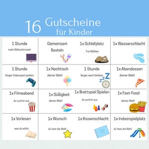 16 vales para niños, vales de actividades, vales de regalo para niños, ideas de regalos creativos, folleto de vales para niños, PDF deu
