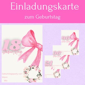 Carte d'invitation numérique à imprimer, invitation nœud rose, modèle d'invitation d'anniversaire, carte d'invitation nœud rose pour filles