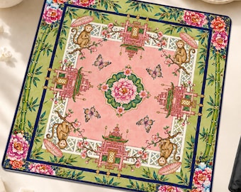 Chinoiserie Monkey Mahjong Mat, Pink Pagoda Garden American Mahjong Tablecloth, Bamboo Non-Slip Protect Cover