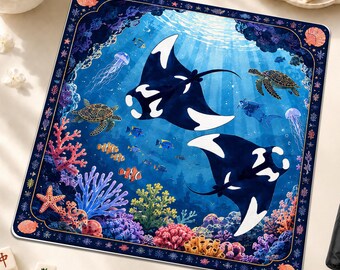 Orca Reef Mahjong Mat, Deep Blue Ocean Mah Jongg Table Cover, Coral Sea Life Game Mat, Coastal Hostess Mahjong Gift