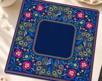 Royal Peacock Neoprene Mahjong Mat | Navy Blue Floral American Mah Jongg Game Mat | Jewel Tone Chinoiserie Mahjong Gift