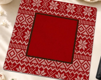 Red Fair Isle Christmas Mahjong Mat, Cozy Nordic Sweater Snowflake American Mahjong Game Table Cover, Holiday Hostess Gift