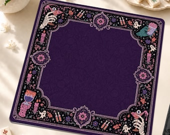 Gothic Halloween Neoprene Mahjong Mat | Dark Purple Spooky American Mah Jongg Game Mat | Vintage Skeleton Floral Mahjong Gift