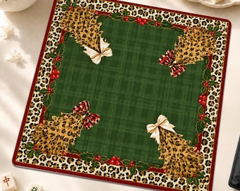 Leopard Christmas Tree Mahjong Mat, Chic Animal Print American Mahjong Game Table Cover, Holiday Girls Night Hostess Gift