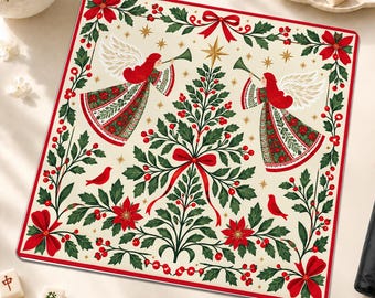 Christmas Angel Mahjong Mat, Folk Art Holiday Mahjong Game Mat, Red Green Botanical Mahjong Table Mat, Christmas Mahjong Gift, Hostess Gift