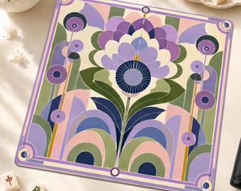 Art Deco Floral Mahjong Mat, Purple Green Retro Mahjong Game Mat, Geometric Flower Mahjong Table Mat, Mahjong Lover Gift, Hostess Gift