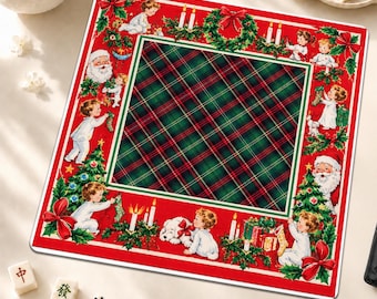 Vintage Christmas Mahjong Mat, Red Green Tartan Mahjong Game Mat, Retro Santa Holiday Mahjong Table Mat, Festive Hostess Gift