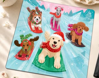May include: A square mousepad featuring a colorful illustration of five dogs sledding on a snowy hill. The dogs include a corgi, a greyhound, a dachshund, a golden retriever wearing a Santa hat, and a poodle, all wearing winter scarves.