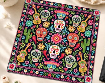 Sugar Skull Mahjong Mat, Colorful Day of the Dead American Mahjong Game Mat, Non-Slip Mexican Folk Art Table Cover, Hostess Gift