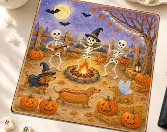 Halloween Mahjong Mat, Spooky Dachshund and Dancing Skeleton Game Table Mat, Fall Pumpkin Mah Jongg Accessories, Hostess Gift
