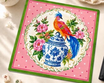 Pink Pheasant Chinoiserie Mahjong Mat, Ginger Jar Floral American Mahjong Game Mat, Non-Slip Preppy Table Cover, Hostess Gift