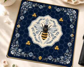 Navy Blue Bee Mahjong Mat, Elegant Honeycomb Floral American Mahjong Game Mat, Non-Slip Table Cover, Bee Lover Hostess Gift