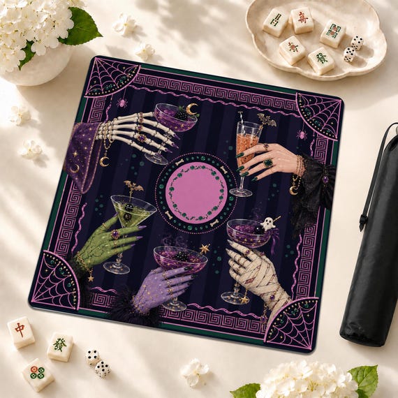 Witchy Cocktail Mahjong Mat, Purple Gothic Halloween Non Slip American Mah Jongg Table Cover, Spooky Game Night Party Gift for Women