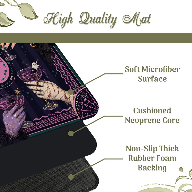 May include: A rectangular mat featuring a graphic of purple and mummy-wrapped hands holding cocktail glasses. Text reads High Quality Mat, Soft Microfiber Surface, Cushioned Neoprene Core, and Non-Slip Thick Rubber Foam Backing. The design includes dark purple stripes, spider webs, and a pink geometric border.