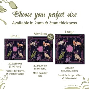 May include: A size guide for square mats featuring a dark purple and black graphic of skeletal hands holding cocktail glasses. The text reads Choose your perfect size, Available in 2mm & 3mm thickness, Small 20.9x20.9in, Medium 20.9x20.9in, and Large 33x33in.