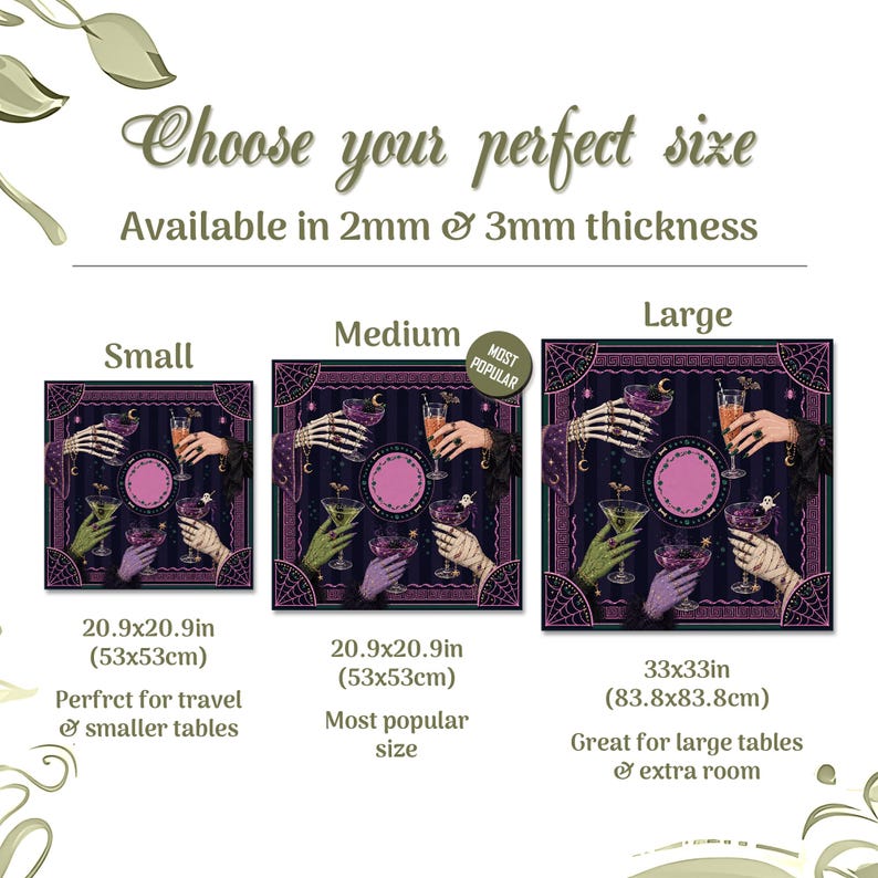 May include: A size guide for square mats featuring a dark purple and black graphic of skeletal hands holding cocktail glasses. The text reads Choose your perfect size, Available in 2mm & 3mm thickness, Small 20.9x20.9in, Medium 20.9x20.9in, and Large 33x33in.
