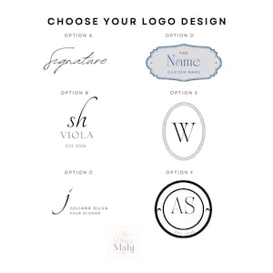 May include: A graphic display titled CHOOSE YOUR LOGO DESIGN featuring six distinct black and white logo options labeled A through F. The designs include various combinations of serif and script typography, circular and oval borders, and placeholder text.