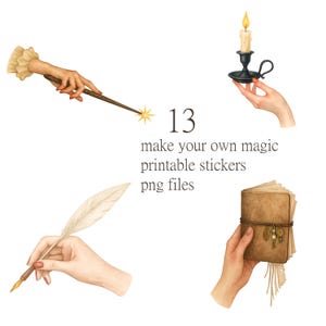 Autocollants imprimables Make Your Own Magic, ensemble de cliparts mains, autocollants mains tenant des objets, autocollants numériques, autocollants transparents