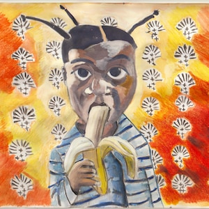 Baby eet een banaan: peuter eet een banaan aquarelpotloodtekening op kaart 21 x 29,6 cm