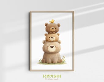Cute Bear Nursery Print, Woodland Animal Wall Art, Baby Bear and Bird Poster, Kids Room Decor, Teddy Bear Nursery Decor, Printable Wall Art