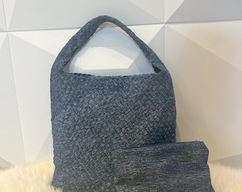 Bolso de mezclilla azul tejido a mano con bolsa a juego: bolso de mano ecológico