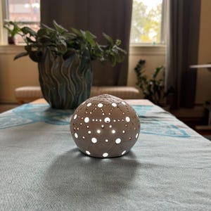 May include: A gray ceramic sphere with a pattern of small, evenly spaced holes, emitting a soft glow. The decorative orb is on a blue patterned tablecloth. A large teal-colored ceramic pot with a green plant is in the background.