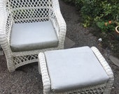 1960s Vintage White Wicker Chair and Ottoman Set