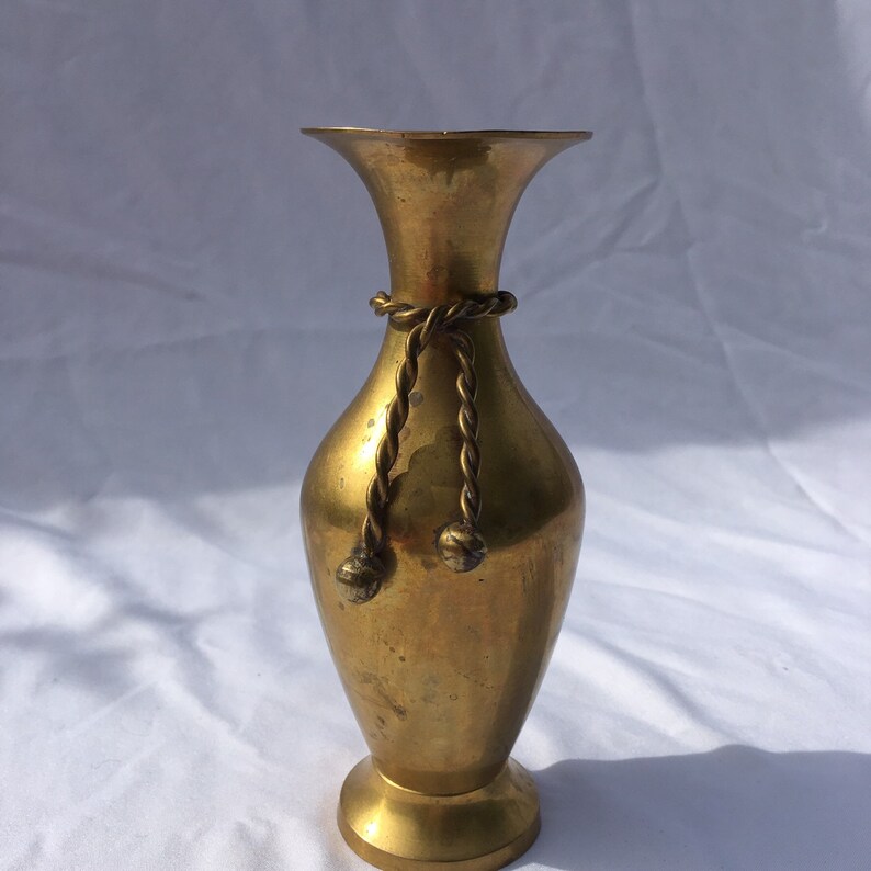 Mid Century A Pair of Vintage Brass Vases with Tassel Detail