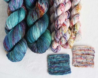 PREORDER PERFECT DAY Peyton sock and minis  teal blue red gold speckles hand Dyed  yarn