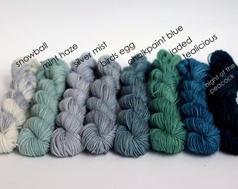 Mini Skeins, Peyton Sock , Sparkle Sock (silver), Callie sock, Mini skein set, green, teal, blue gray, green gray