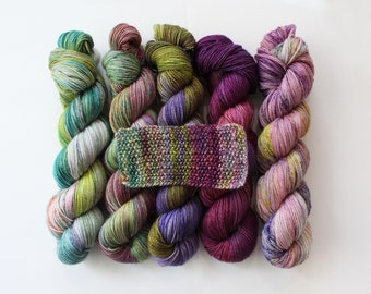 Gradient set of 5, lime purple pink Bronze Sparkle Sock 438yd x 5 with speckles, in stock