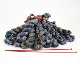 Painted Denim 20g minis, 87 yds, Yak Fingering yarn  merino yak nylon  hand painted  art yarn