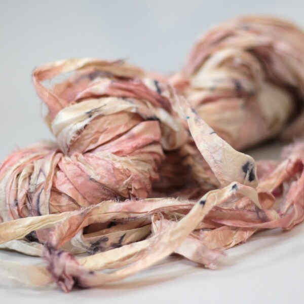 Recycled Sari Ribbon ,by the yard, "Pink Marble" hand dyed chiffon ribbon, jewelry making, doll clothing, spinning supplies