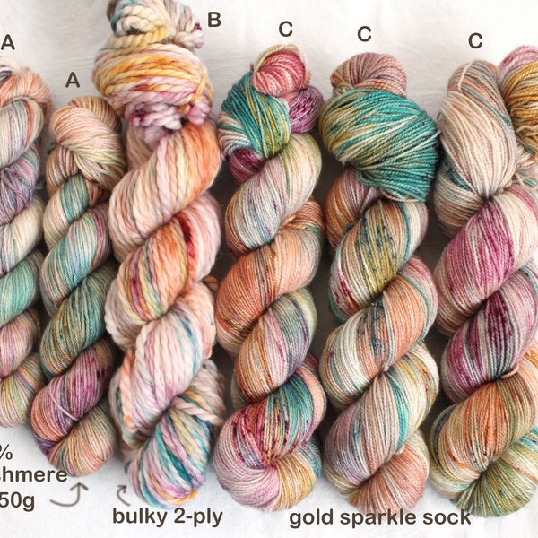 Artisanal, cashmere, superbulky, and gold sparkle Sock  art yarn, hand painted yarn, pink, peach, teal